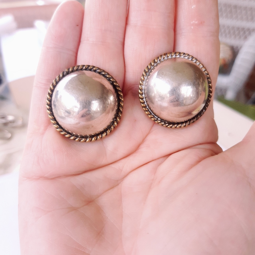 Taxco Vintage Sterling Silver Gilt Braiding Button Earrings Handmade